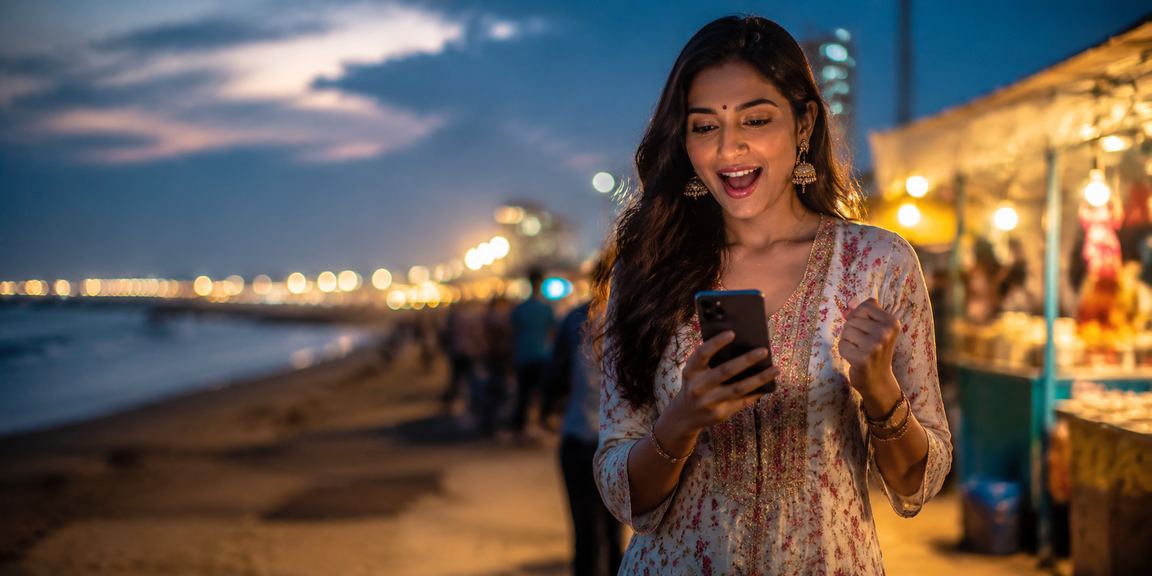 Player using mobile casino app at Chennai Marina Beach
