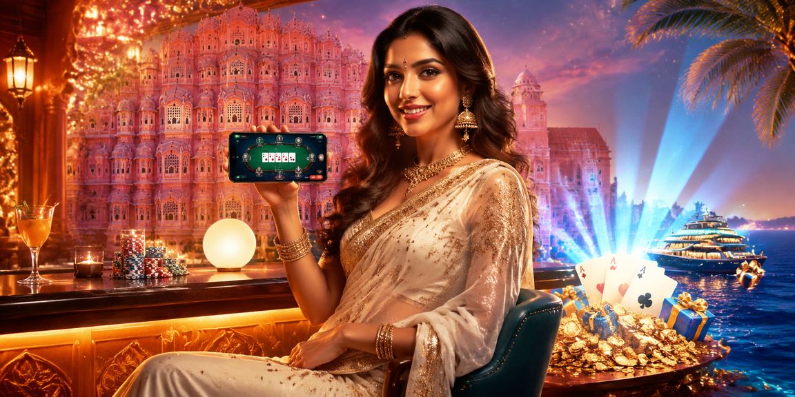 Woman playing poker game in traditional saree near Jaipur's Hawa Mahal