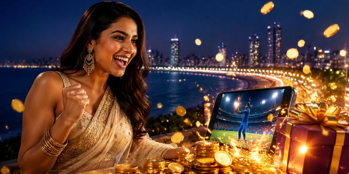 Woman enjoying live casino on mobile at Mumbai Marine Drive